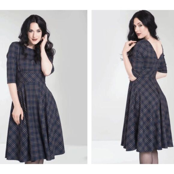 Hell Bunny Peeble 50's Dress Tartan Blue Circle Skirt 3/4 sleeve Size Medium - Picture 1 of 14
